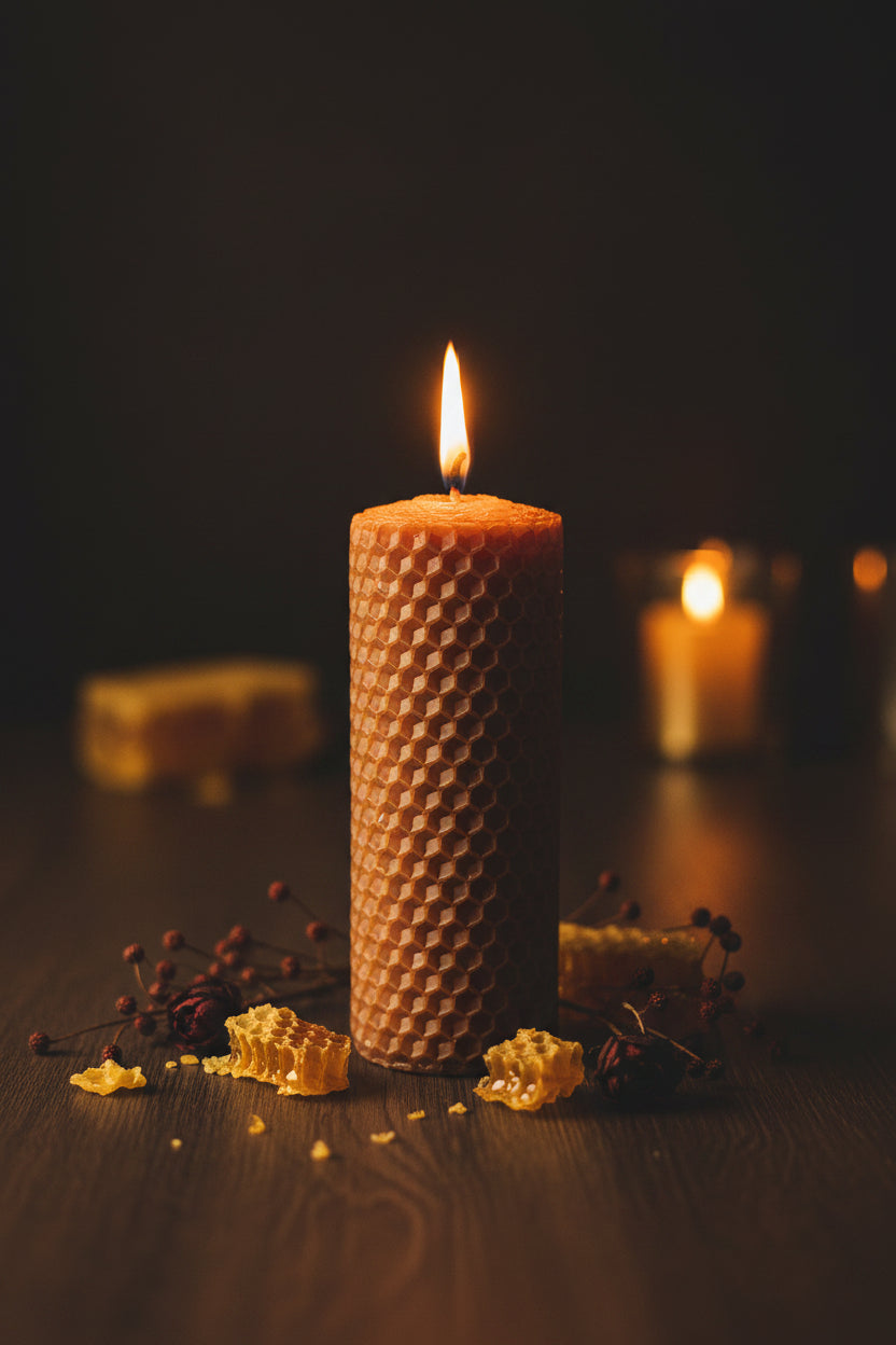 Kanervan sävyinen pöytäkynttilä mehiläisvahasta