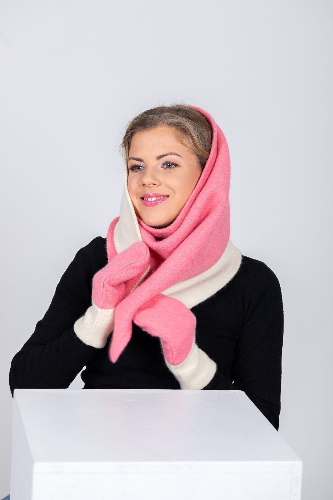 Versatile Handmade Wool Triangle Shawl - Pink, White