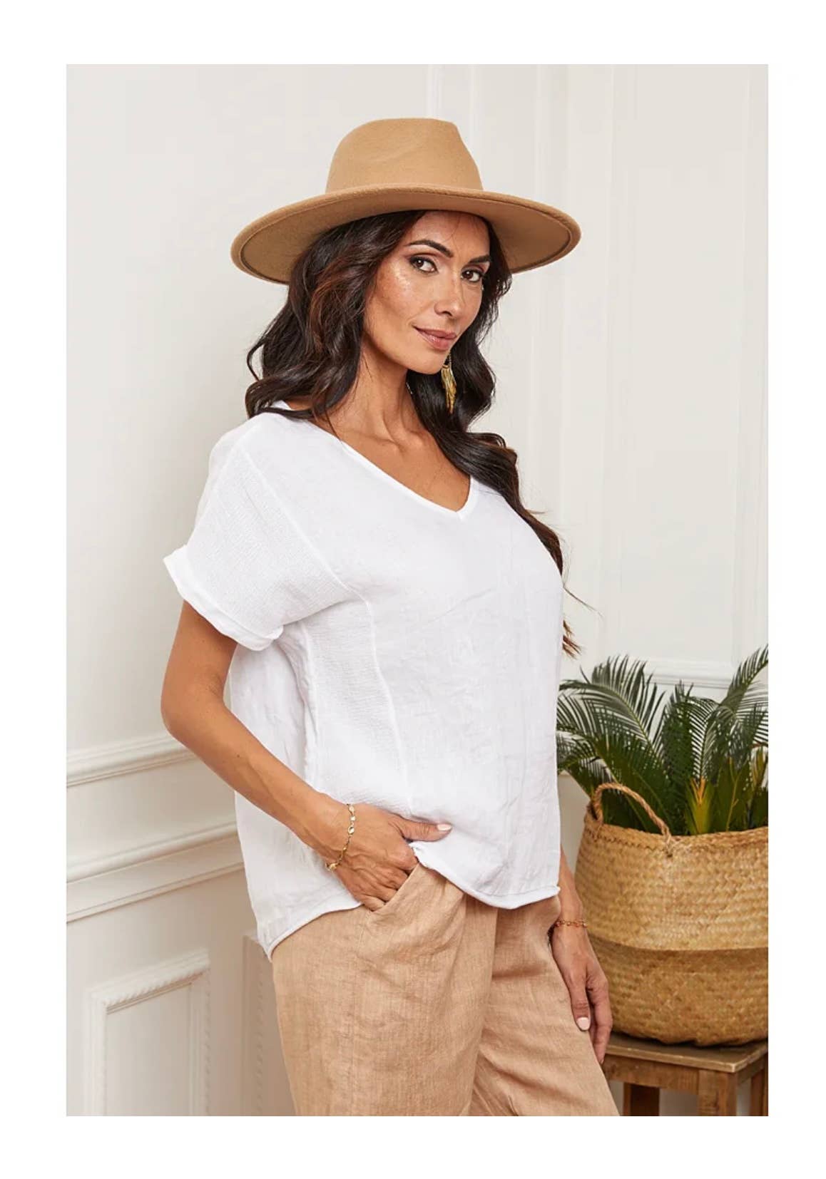 Naisten pellava T-paita – valkoinen, 100 % pellavaa, yksi koko 38–44