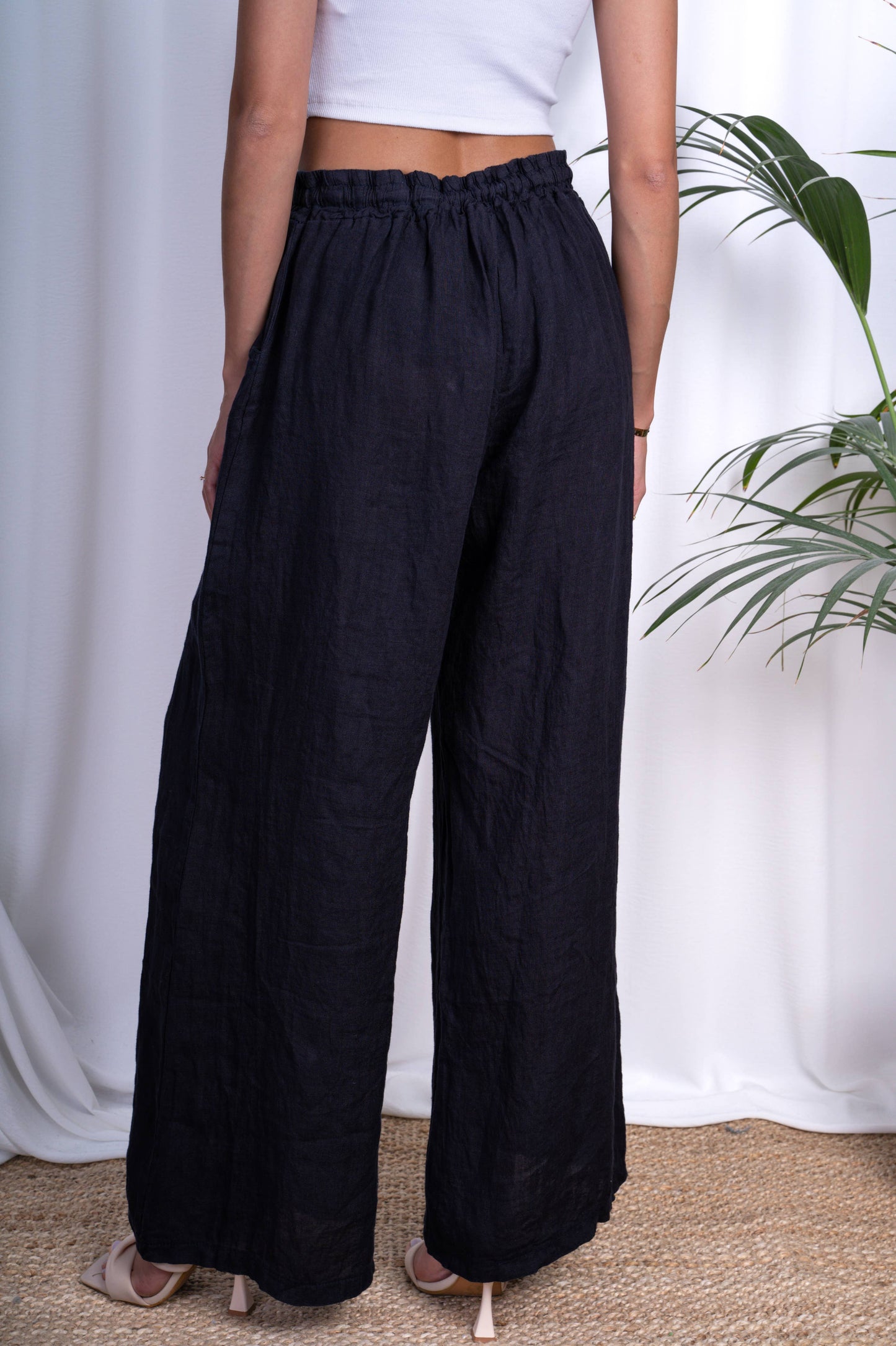 Naisten pellavahousut – musta, 100 % pellavaa, yksi koko (40–52)