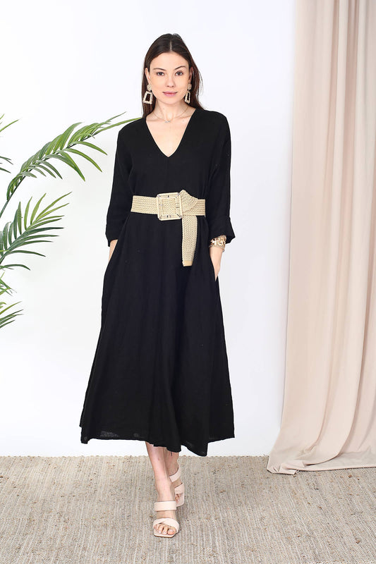 Naisten pellavamekko – musta, yksi koko 36–46