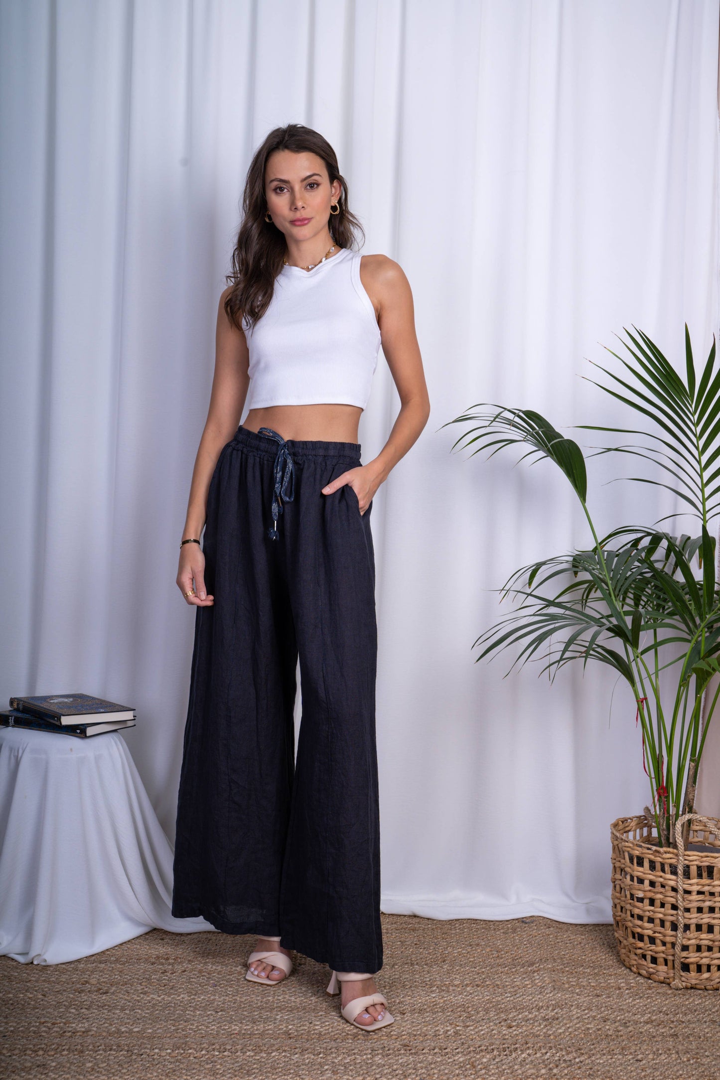 Naisten pellavahousut – khaki, 100 % pellavaa, yksi koko (40–52)