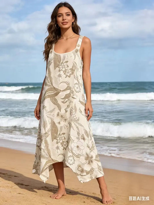 Hihaton kuviollinen pellavamekko – beige, yksi koko 38–44