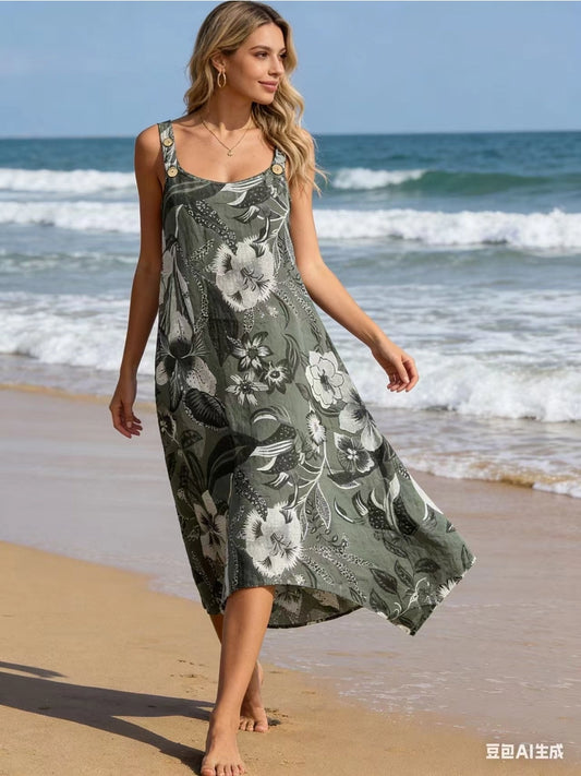 Hihaton kuviollinen pellavamekko – khaki, yksi koko 38–44