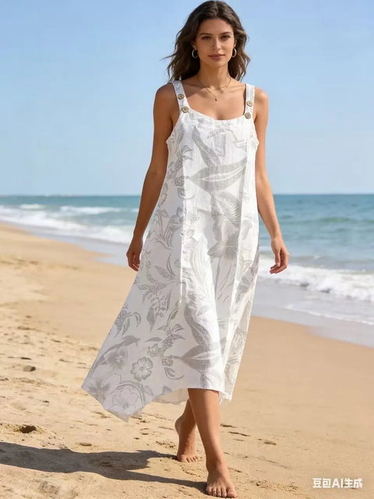 Hihaton kuviollinen pellavamekko – valkoinen, yksi koko 38–44