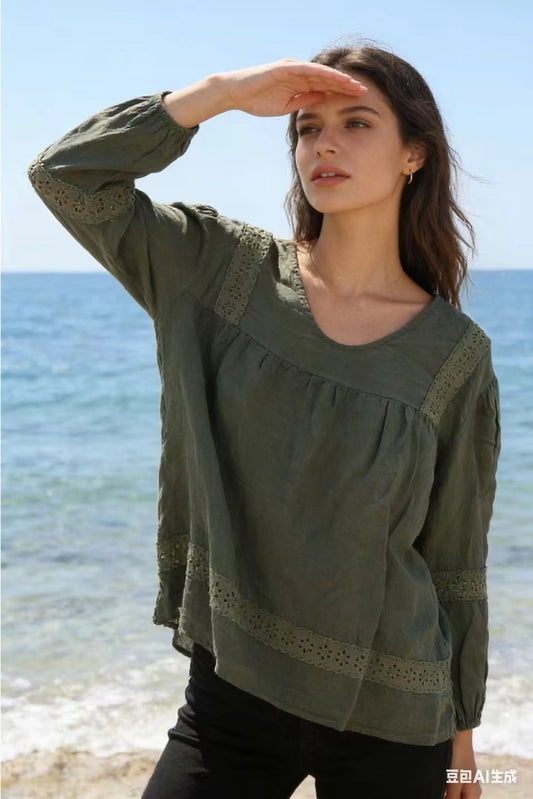 Pellavapusero - khaki, yksi koko 38-44