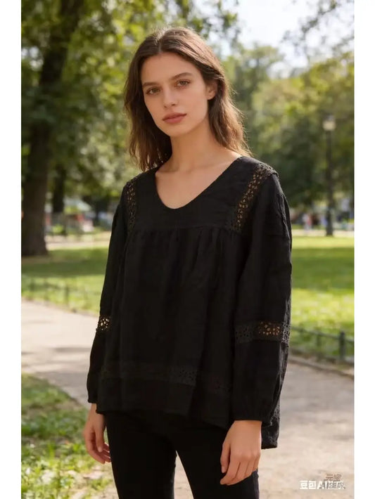 Pellavapusero - musta, yksi koko 38-44