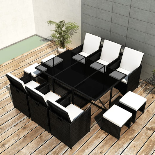 11-piece outdoor dining set with cushions, polyrattan, black