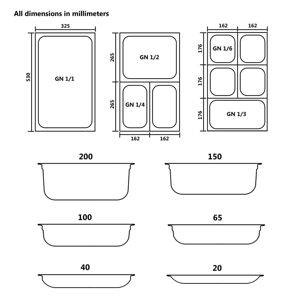 Ruokavuoat 4 kpl GN 1/1 20 mm ruostumaton teräs