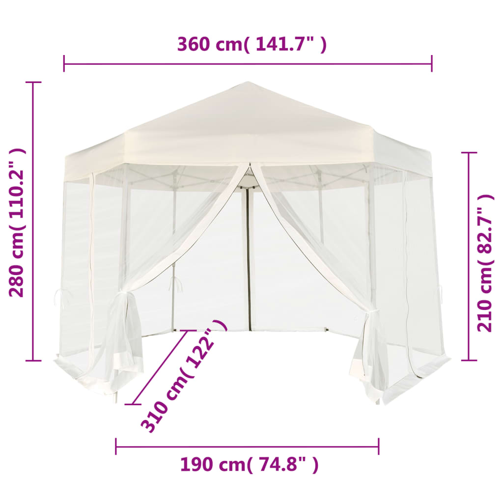 Pop-up tent with 6 side walls hexagonal 3.6x3.1 m cream