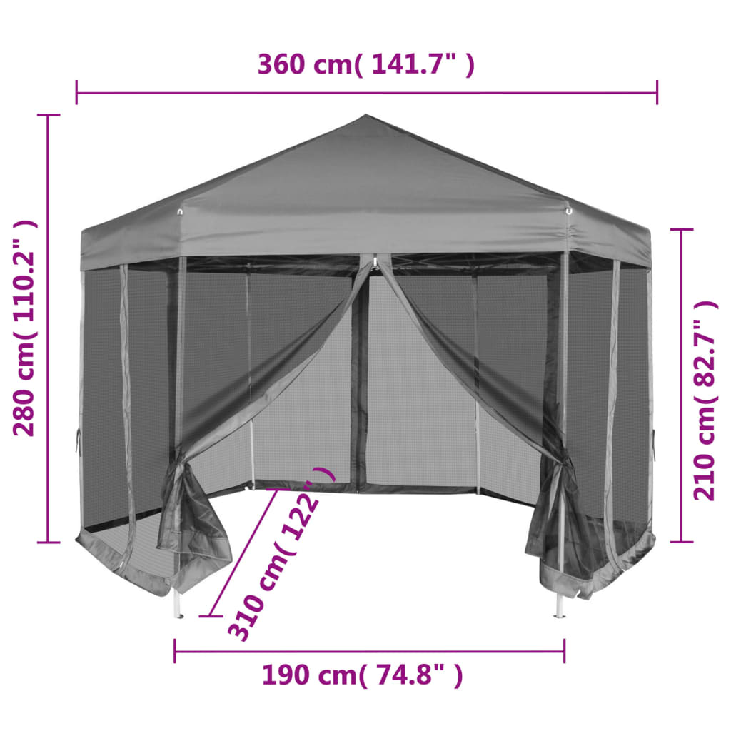 Kuusikulmainen pop-up juhlateltta 6 seinää Harmaa 3,6x3,1 m