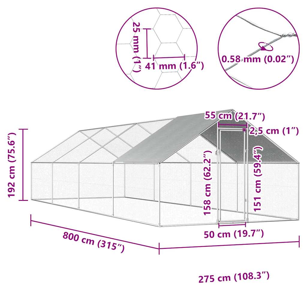 Ulkotilan kanahäkki galvanoitu teräs 2,75x8x1,92 m