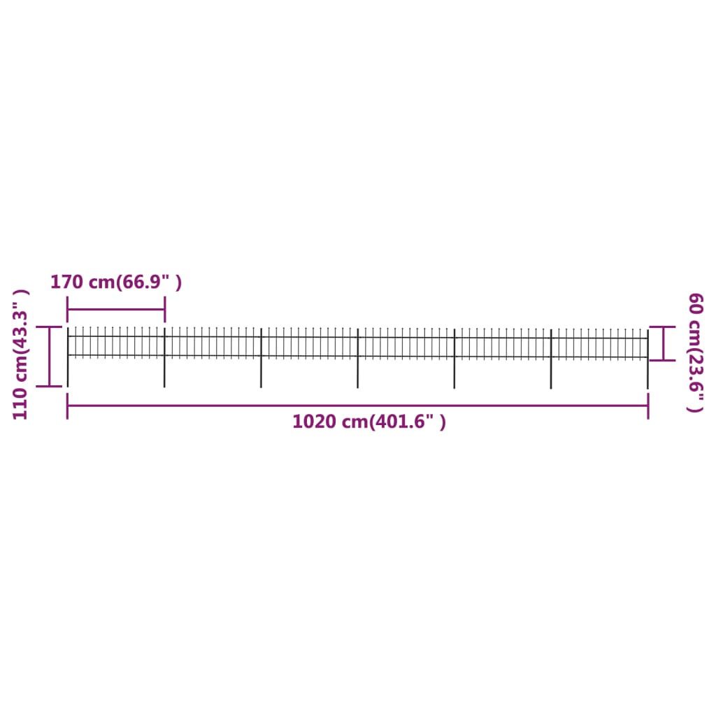 Puutarha-aita keihäskärjillä 10,2x0,6 m teräs musta