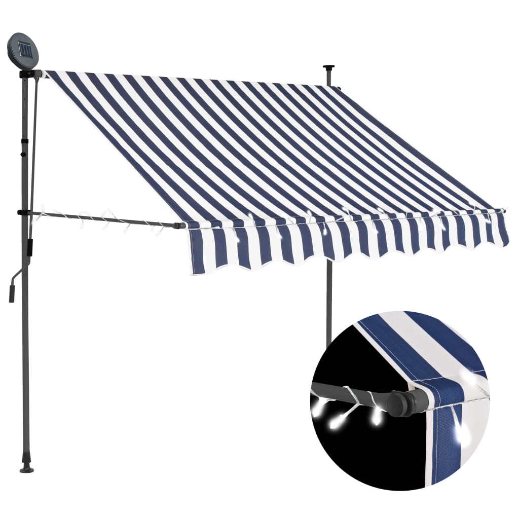 Retractable awning with LED lights 150 cm blue/white