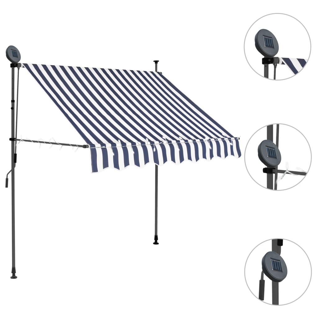 Retractable awning with LED lights 150 cm blue/white