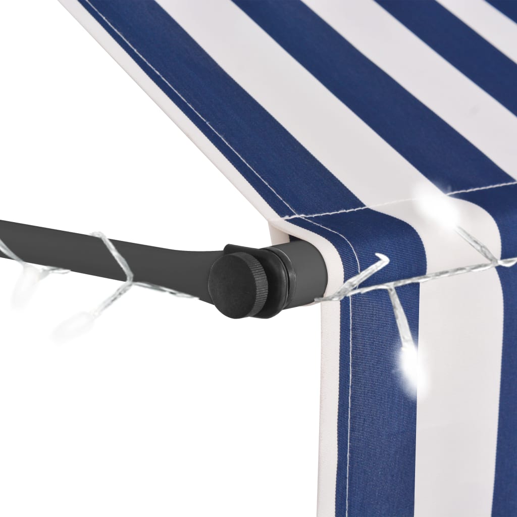 Retractable awning with LED lights 150 cm blue/white