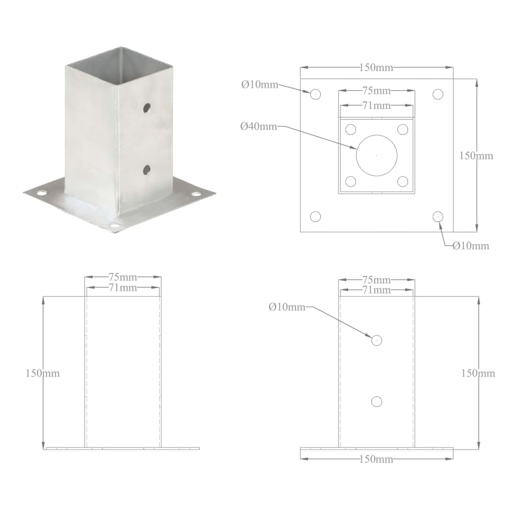 Aitatolpan jalat 4 kpl galvanoitua metallia 71 mm