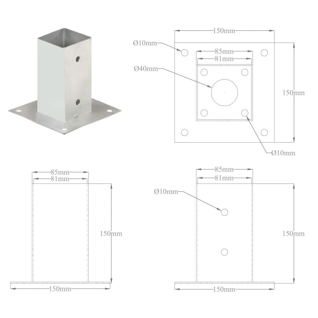 Aitatolpan jalat 4 kpl galvanoitua metallia 81 mm