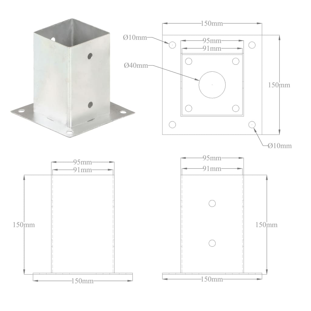 Aitatolpan jalat 4 kpl galvanoitua metallia 91 mm