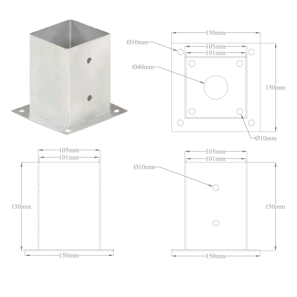 Aitatolpan jalat 4 kpl galvanoitua metallia 101 mm