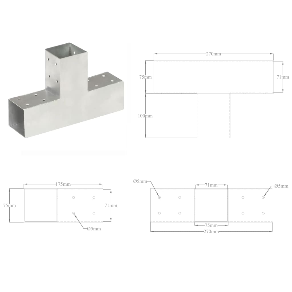 Tolppaliittimet 4 kpl T-muoto galvanoitu metalli 71x71 mm