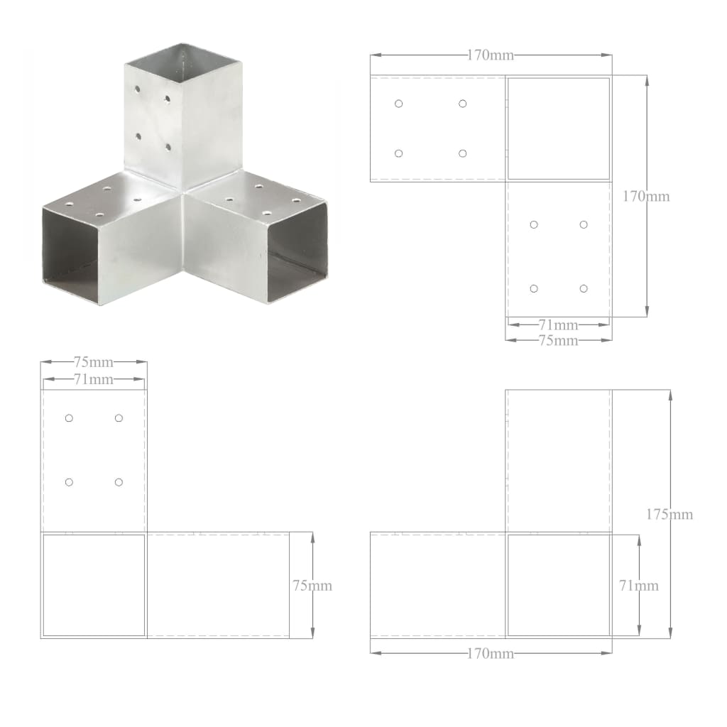 Tolppaliittimet 4 kpl Y-muoto galvanoitu metalli 71x71 mm