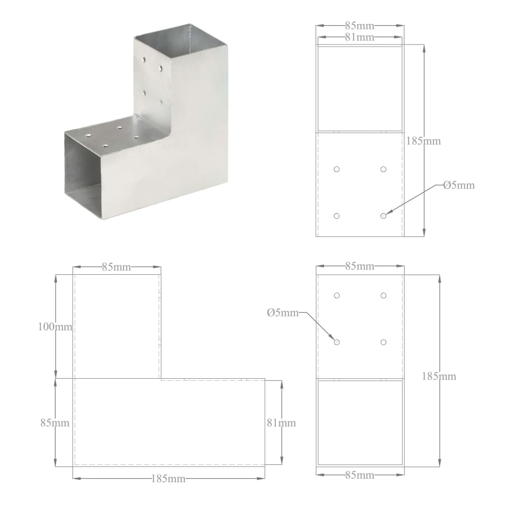 Tolppaliittimet 4 kpl L-muoto galvanoitu metalli 81x81 mm