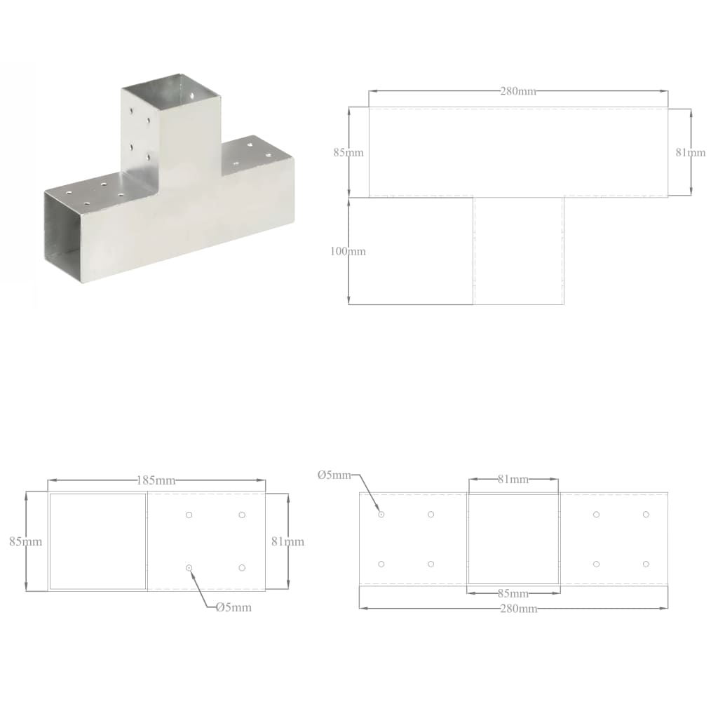 Tolppaliitin T-muoto galvanoitu metalli 81x81 mm