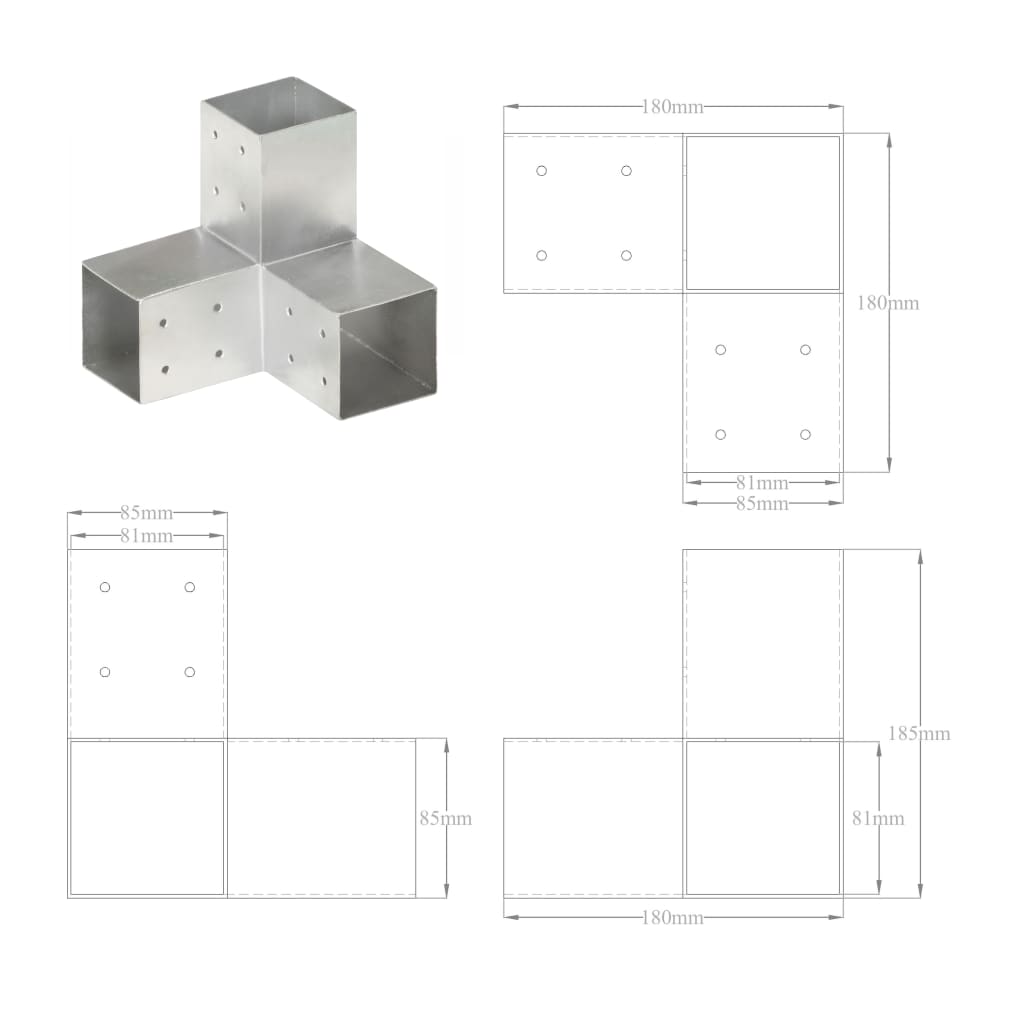 Tolppaliittimet 4 kpl Y-muoto galvanoitu metalli 81x81 mm