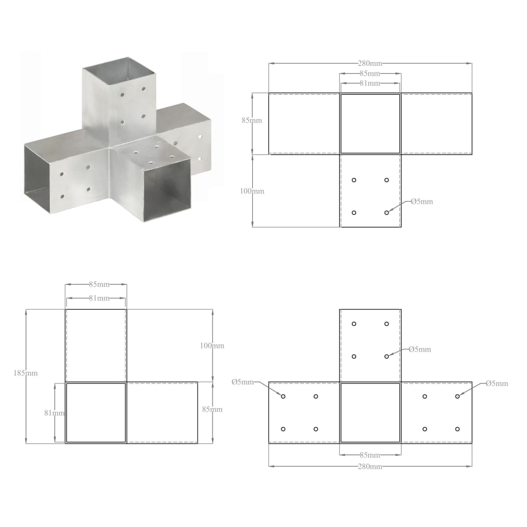 Tolppaliitin X-muoto galvanoitu metalli 81x81 mm