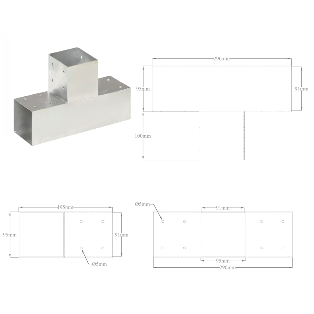 Tolppaliitin T-muoto galvanoitu metalli 91x91 mm