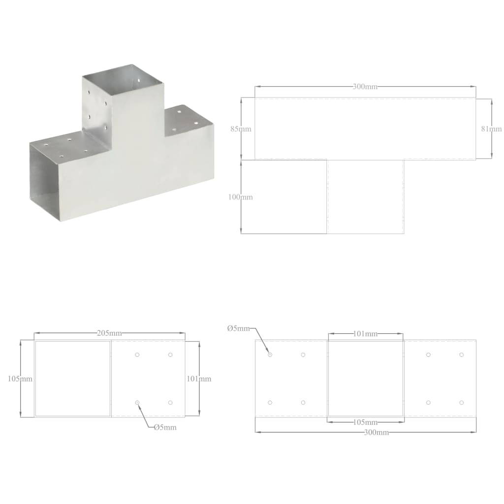 Tolppaliitin T-muoto galvanoitu metalli 101x101 mm