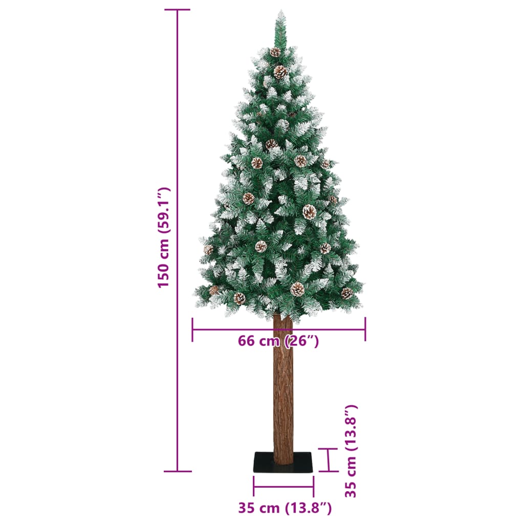 Kapea joulukuusi aidolla puulla ja lumella vihreä 150 cm