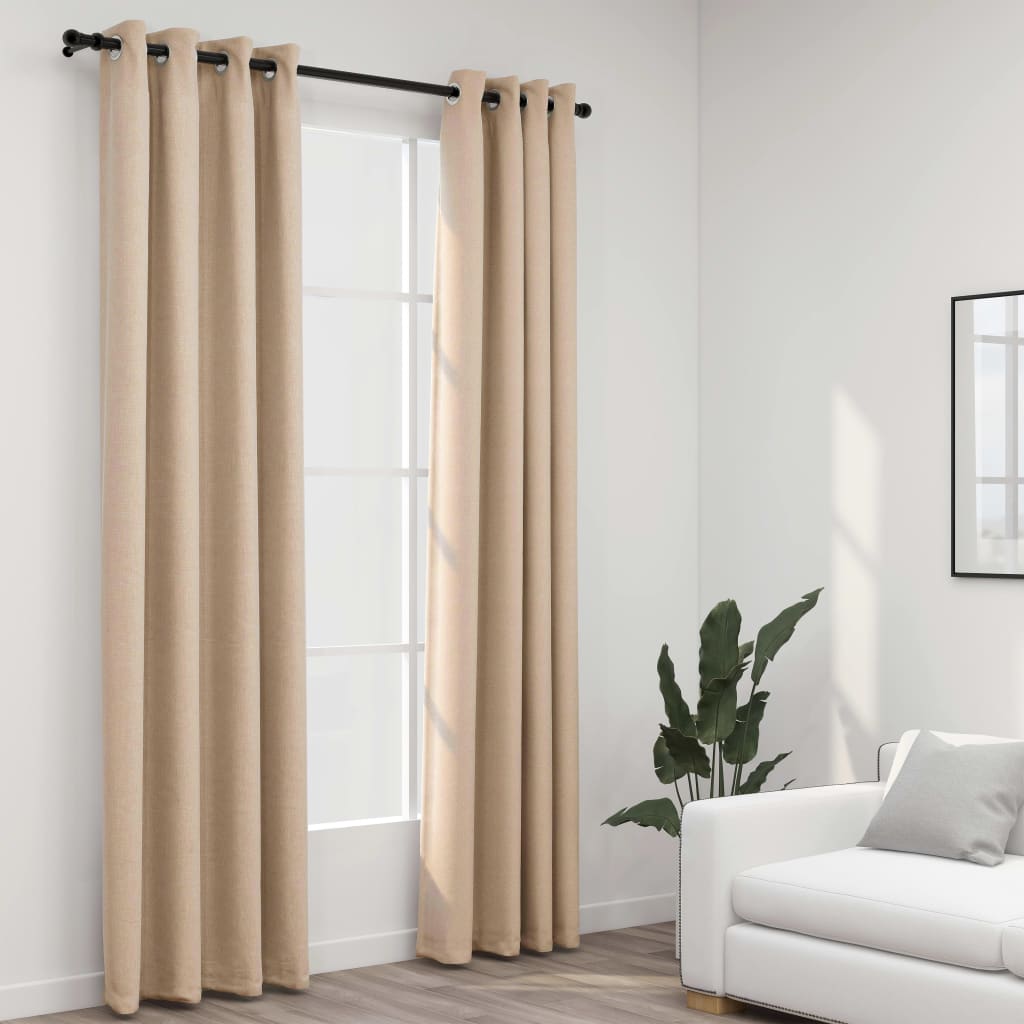 Pellavamaiset pimennysverhot renkailla 2 kpl beige 140x225 cm