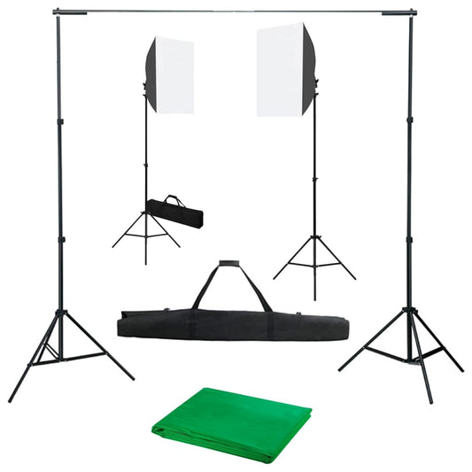 Valokuvastudiosarja softbox-valoilla ja taustakankaalla