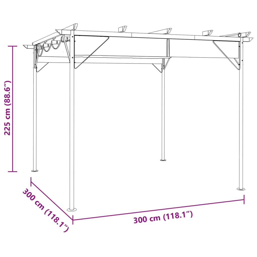 Pergola sisäänvedettävä katto taupe 3x3 m teräs 180 g/m²