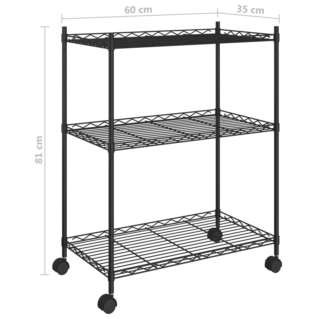 3-kerroksinen varastohylly pyörillä 60x35x81 cm musta 150 kg