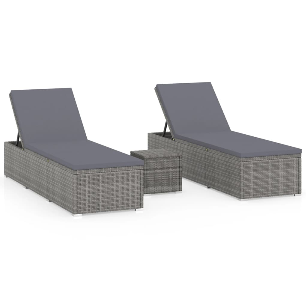 3-teiliges Sonnenliegen-Set mit kleinem Tisch Polyrattan grau