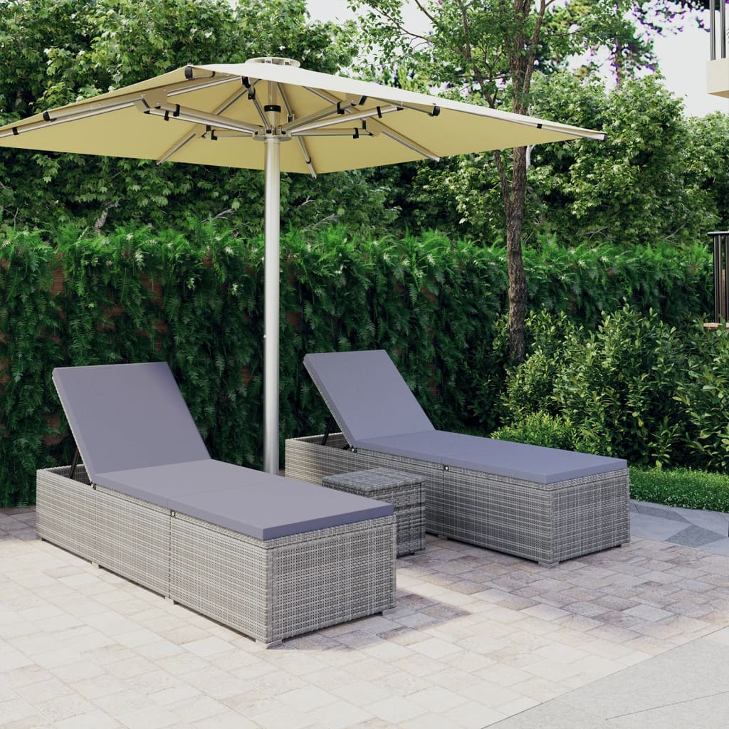 3-teiliges Sonnenliegen-Set mit kleinem Tisch Polyrattan grau