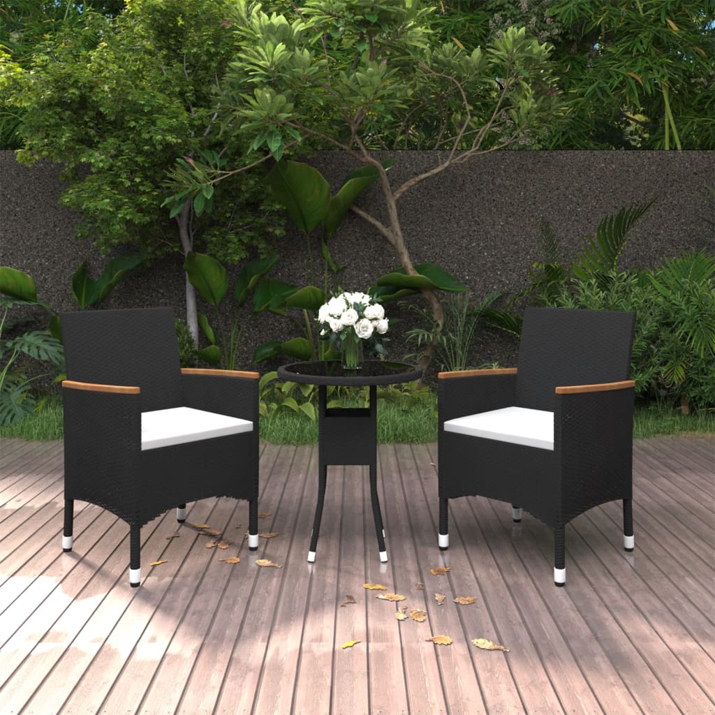 3-teilige Outdoor-Essgruppe Polyrattan schwarz