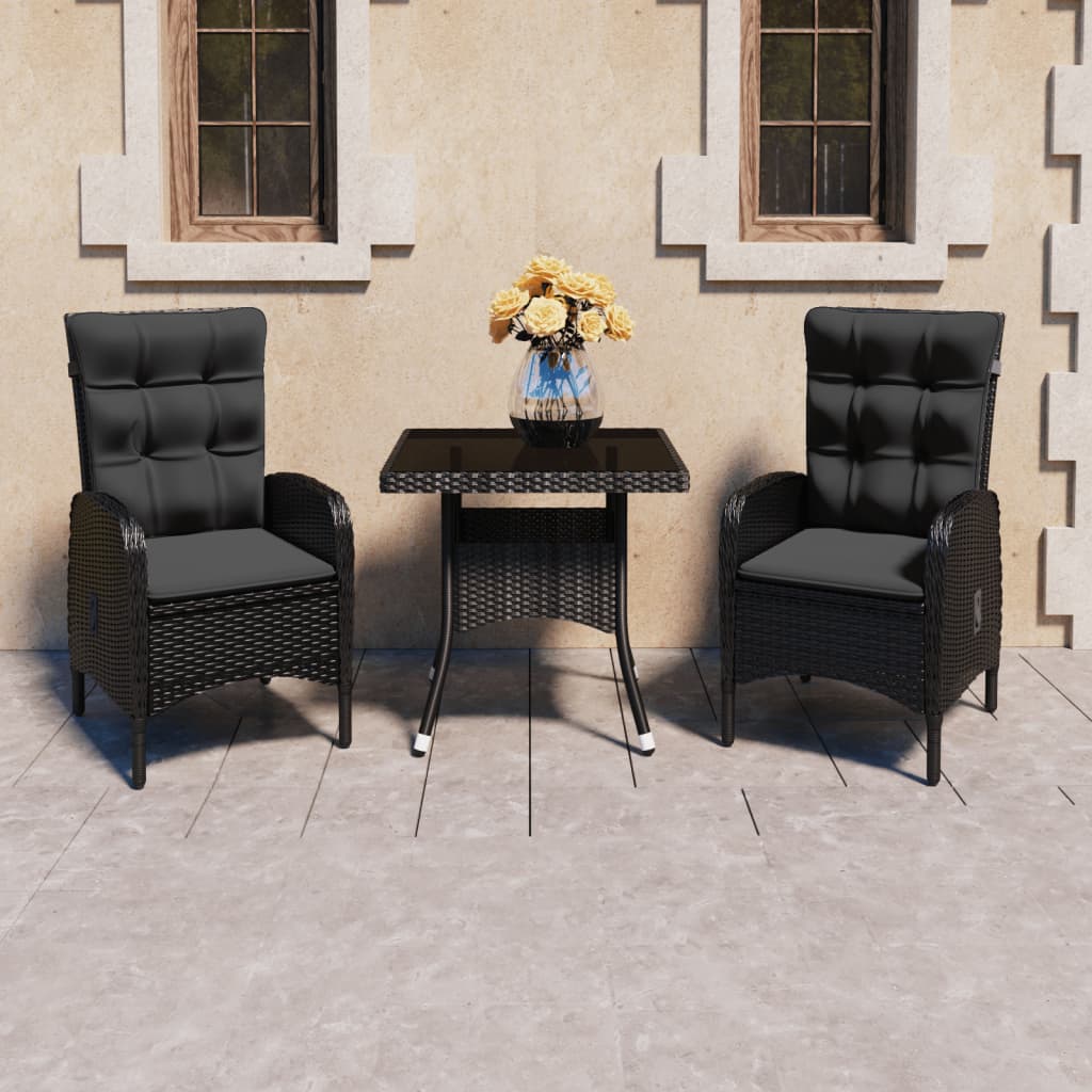 3-piece outdoor dining set poly rattan and glass black