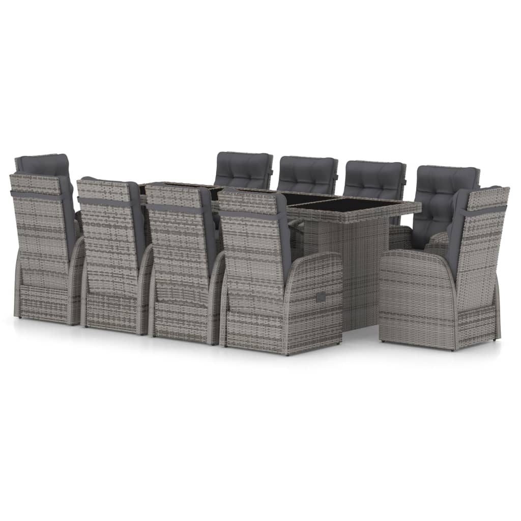 11-piece outdoor dining set with cushions, polyrattan, grey