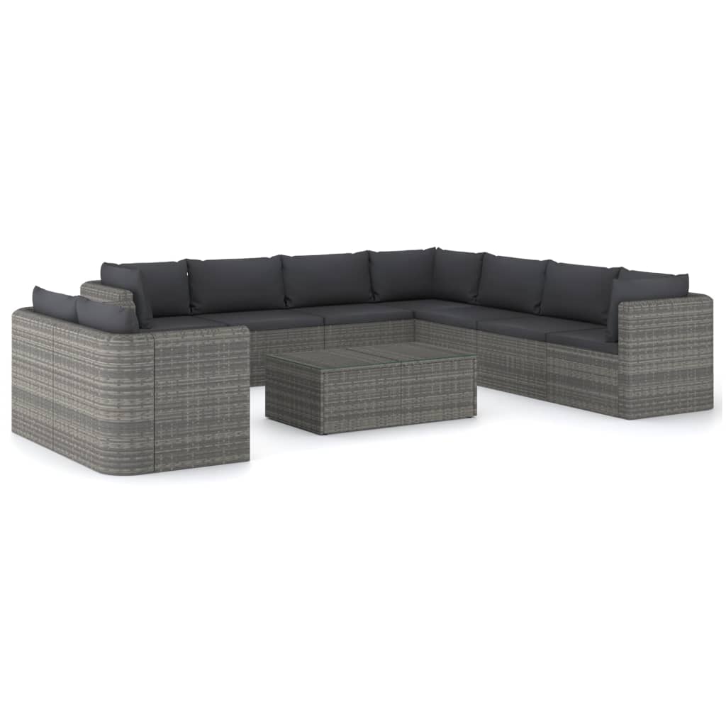 10-piece garden sofa set with cushions, polyrattan, grey