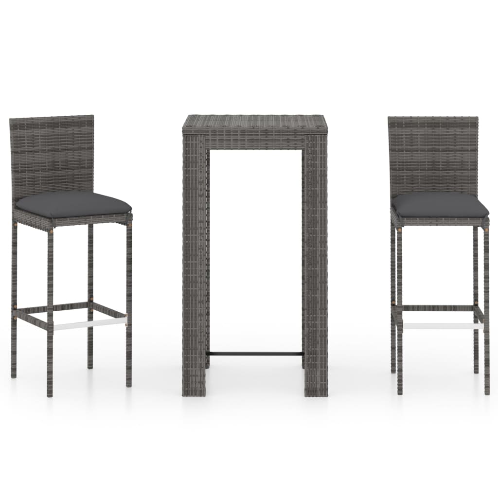 3-piece outdoor bar set with cushions, poly rattan, grey