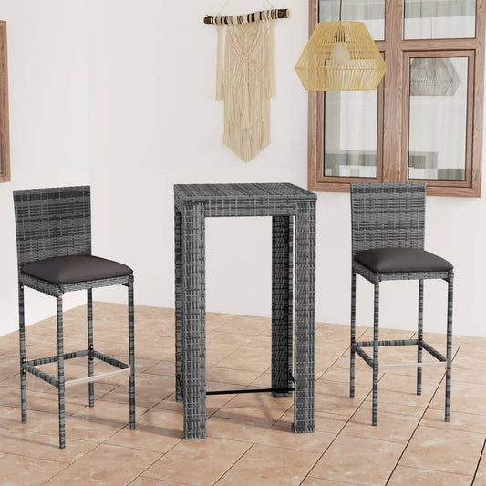 3-piece outdoor bar set with cushions, poly rattan, grey