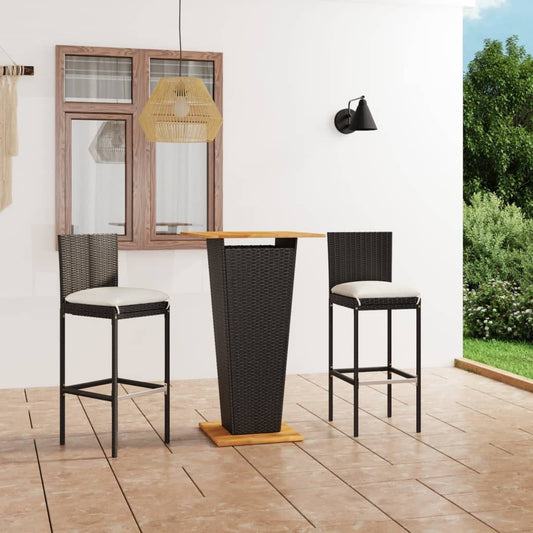 3-piece outdoor bar set with cushions, poly rattan, black