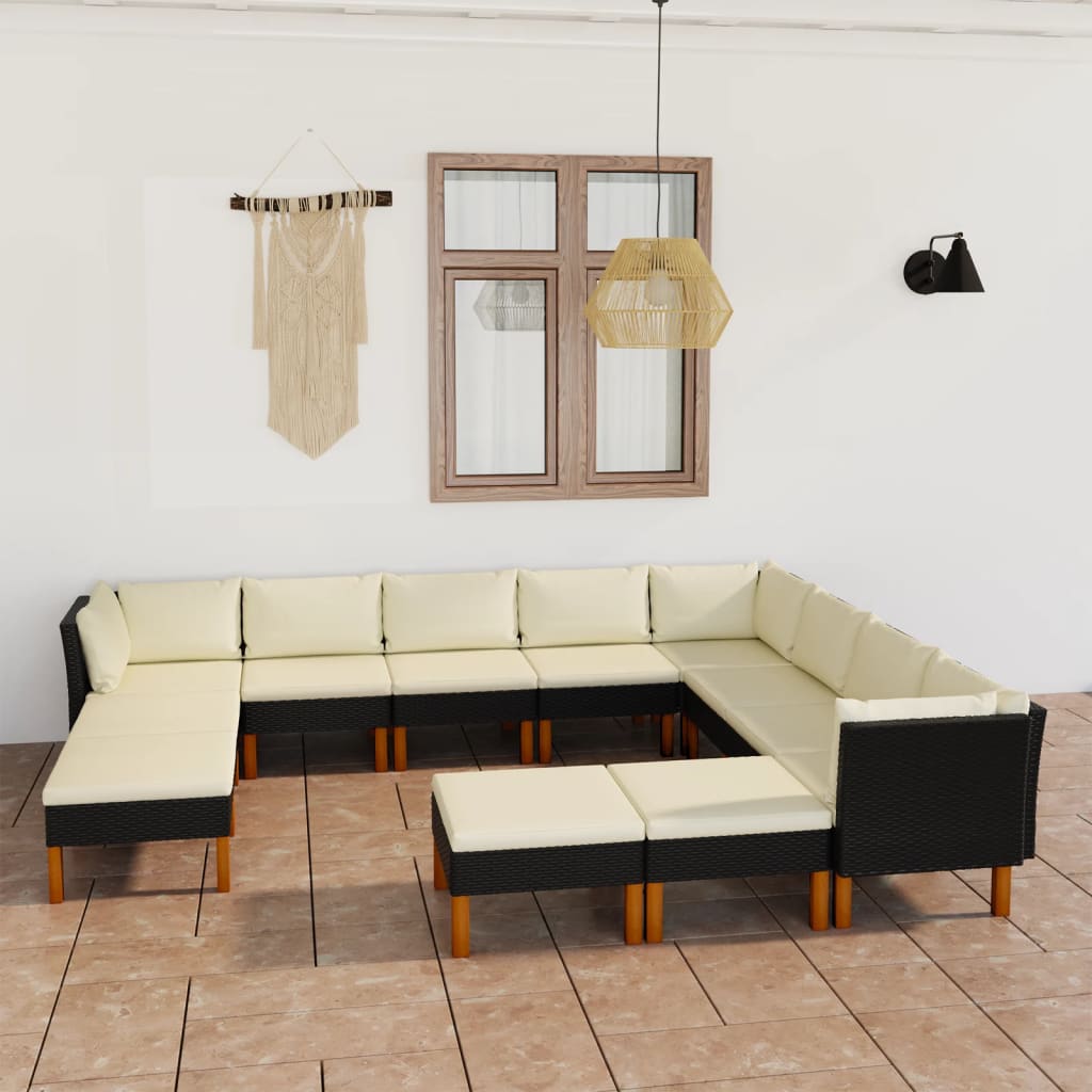 12-piece garden sofa set with cushions, polyrattan, black