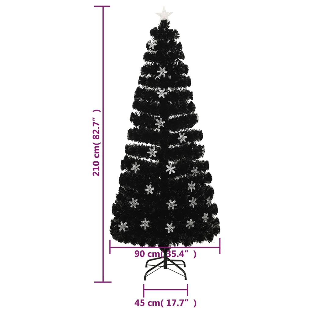 Joulukuusi LED-lumihiutaleilla musta 210 cm kuituoptiikka