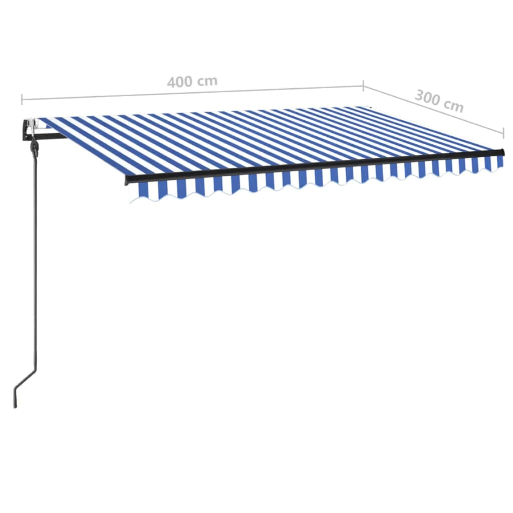 Retractable awning LED/wind sensor 400x300 cm blue and white.