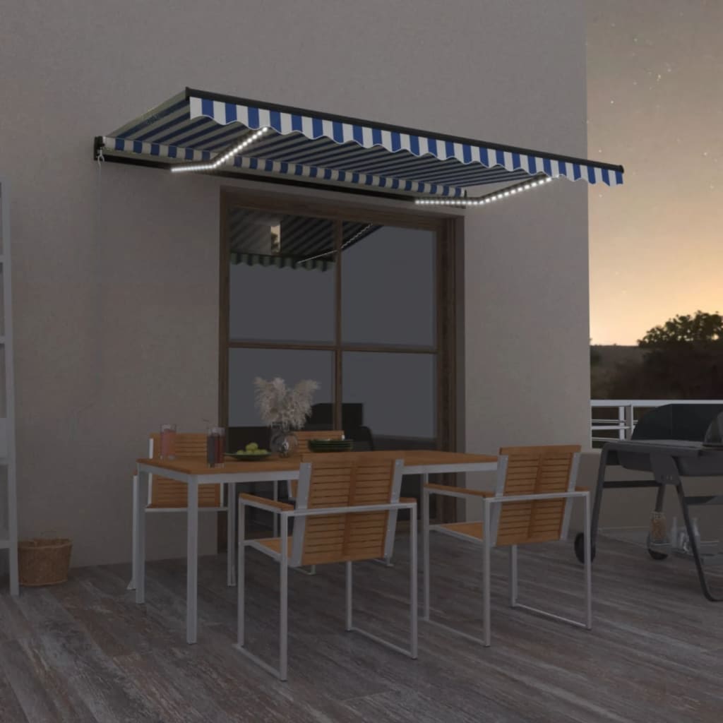 Retractable awning with LED 450x300cm blue and white